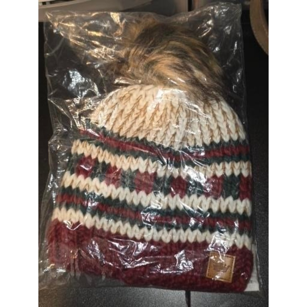 Panache Womens Cozy Knit Beanie Hat with Faux Fur Pom Red Cream Green Fair Isle
